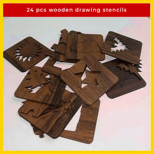 24 Pieces Kids Wooden Drawing Stencils Kit With Puzzle